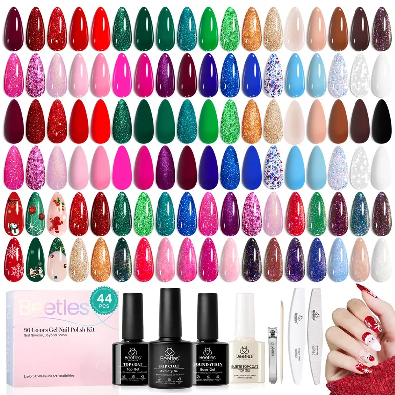 Ensemble Beetles Gel Polish Glitz Galaxy – Kit UV LED 36 pièces, teintes burgundy à bleu scintillant