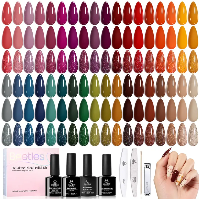 Ensemble Beetles Gel Polish Waltz des Feuilles – 36 couleurs tendance Printemps et Saint-Valentin, Base et Vernis brillant et pailleté