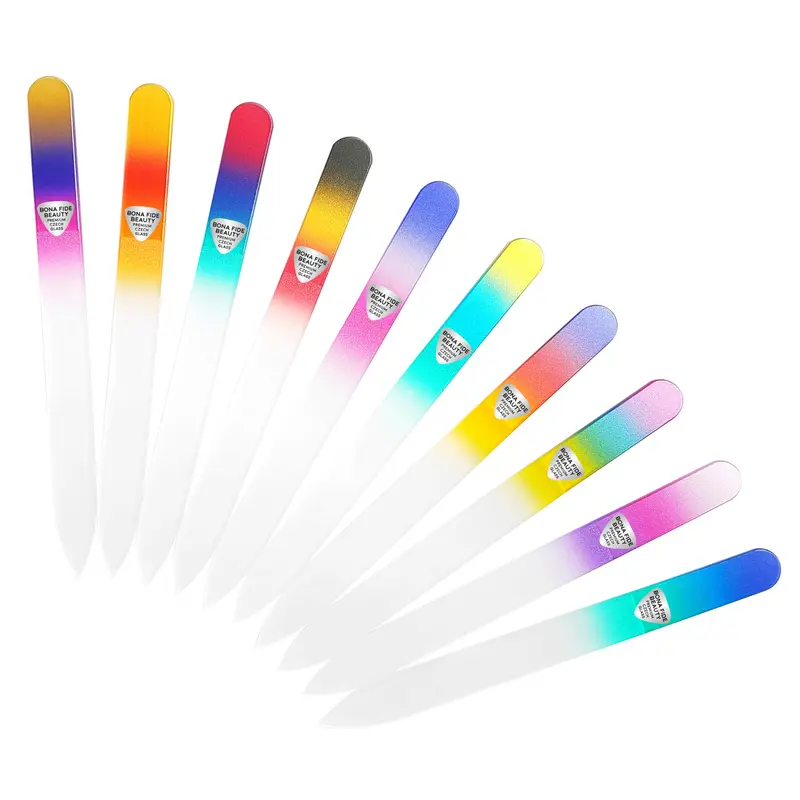Ensemble Bona Fide Beauty – 10 limes à ongles en verre cristal tchèque, multicolores, avec étuis