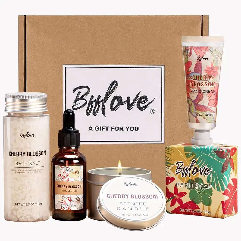Ensemble Cadeau BFFLOVE pour femmes – 5 pièces spa cerisier, huile massage, bougie parfumée, sels de bain, crème mains