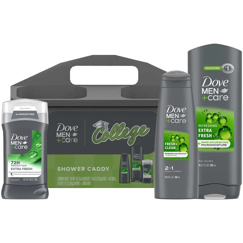 Ensemble Cadeau Dove Men+Care – Porte-douche Étudiant, Gel Douche Extra Frais, Déodorant Invisible, Shampoing 2-en-1 (4 Pièces)