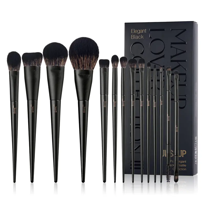 Ensemble de pinceaux maquillage Jessup – 14 pièces noir | Kabuki, Fond de Teint, Ombre, Contour