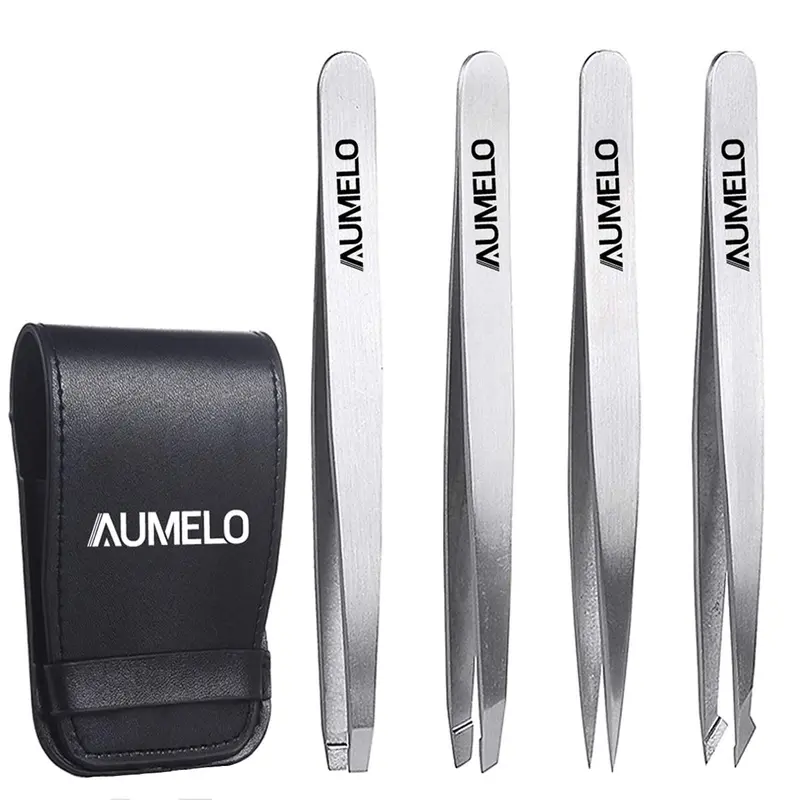 Ensemble de pinces 4 pièces AUMELO – Acier inox 420, étui voyage, précision sourcils et petits poils