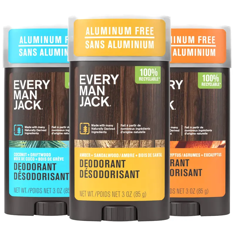 Ensemble déodorants Every Man Jack — 3 sticks naturels sans aluminium (Coco & Bois Flotté, Citron & Eucalyptus, Ambre & Santal) – 3 oz