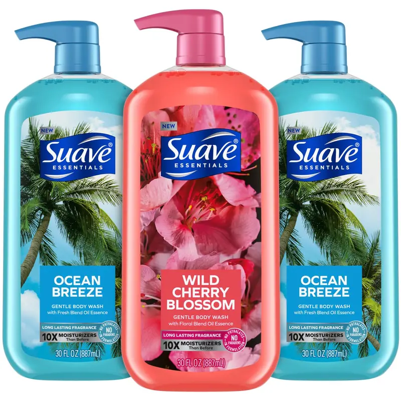 Ensemble Gel Douche Suave – Brise Océan (2 x 30 oz) et Fleur de Cerisier Sauvage, Ensemble 3 pièces