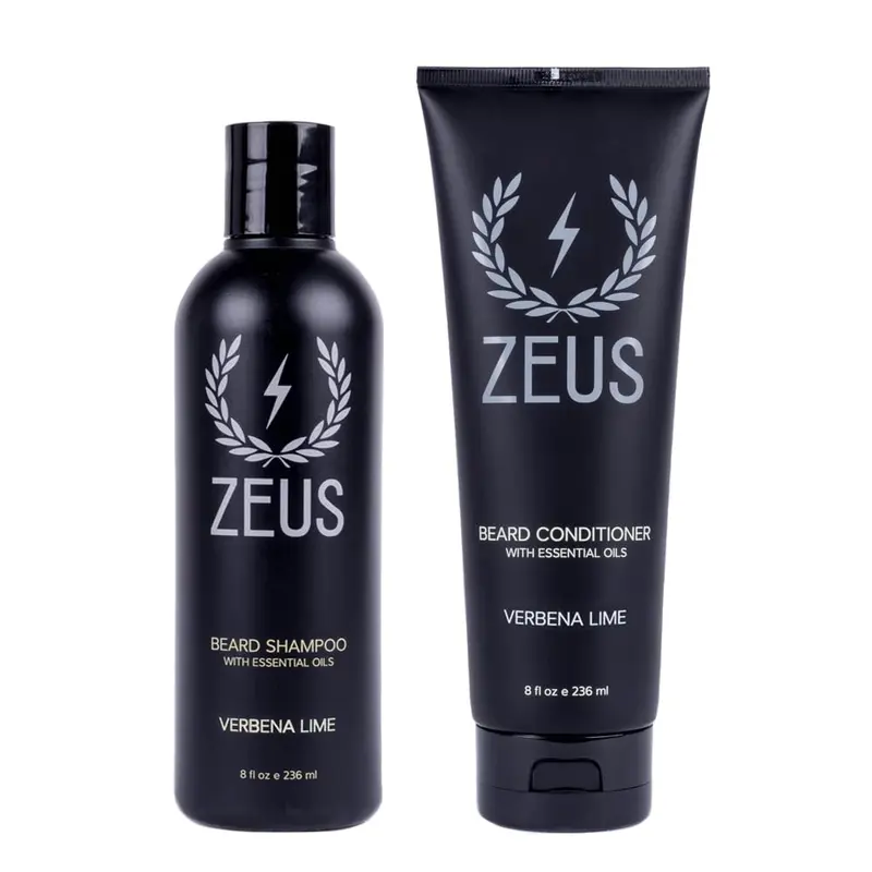Ensemble Lavage Barbe ZEUS pour hommes – Shampooing et Après-shampoing au thé vert et huiles essentielles | Hydrate, Adoucit et Fortifie | Fabriqué aux États-Unis | Verveine Lime