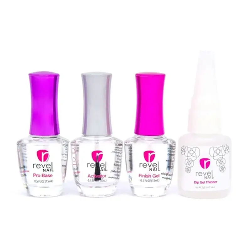 Ensemble Liquide Dip Revel Nail – Base, Activateur, Gel de Finition et Diluant – 0,5 oz – Fabriqué aux États-Unis