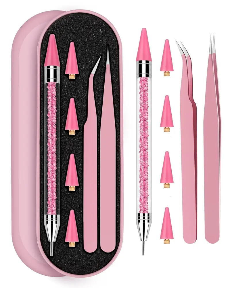 Ensemble Pince à Strass Difenni – Outil d’Application avec 4 Embouts Cire Rose et 2 Pinces (Rose A)