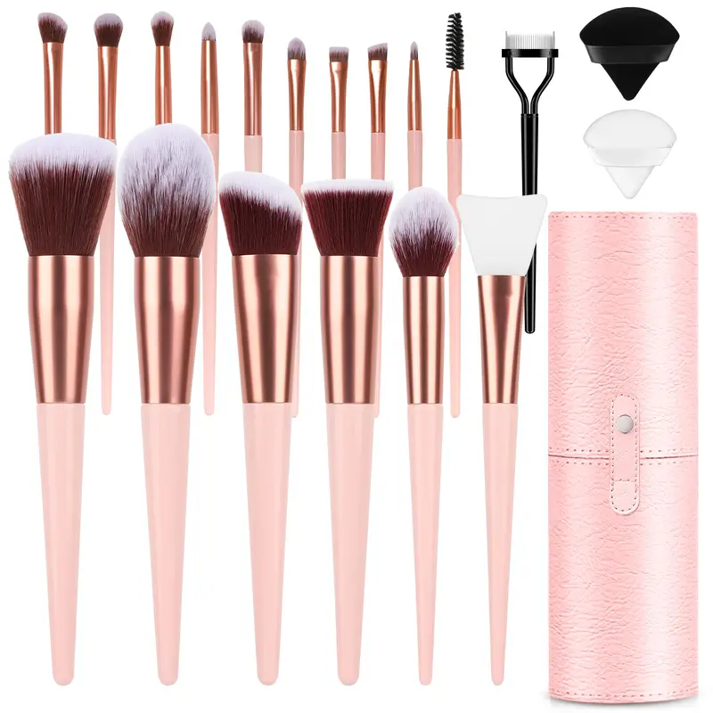 Ensemble Pinceaux Maquillage 17 pièces LuxBru – Étui Voyage Rose Moyen