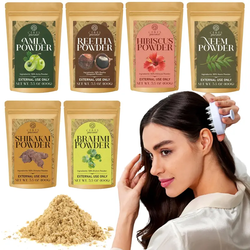 Ensemble Poudres Capillaires Ayurvédiques 6x3,5 oz – Amla, Shikakai, Brahmi, Neem, Hibiscus, Reetha | 100% Naturel