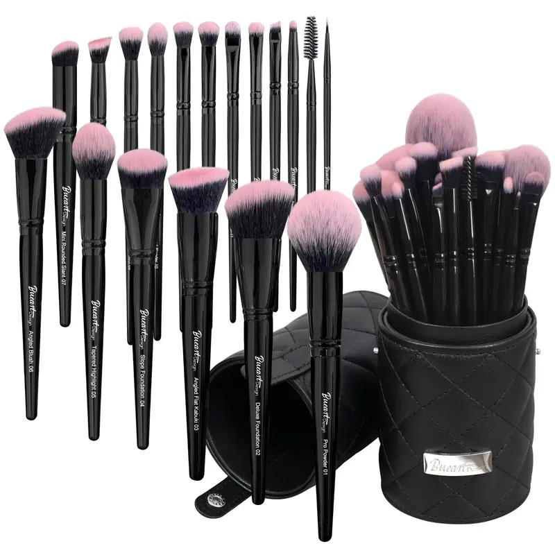 Ensemble Pro Deluxe de pinceaux Bueart Design – 18 pièces Rose Fuchsia et Noir avec étui de voyage