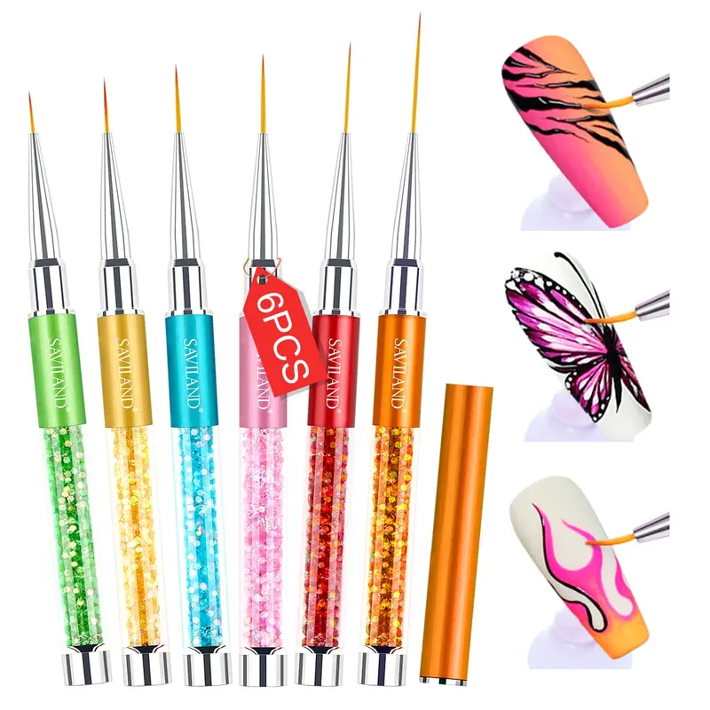 Ensemble SAVILAND 6 pinceaux liner pour nail art – Tailles 7/9/11/13/17/23 mm, poignée ornée de cristaux diamants écrasés