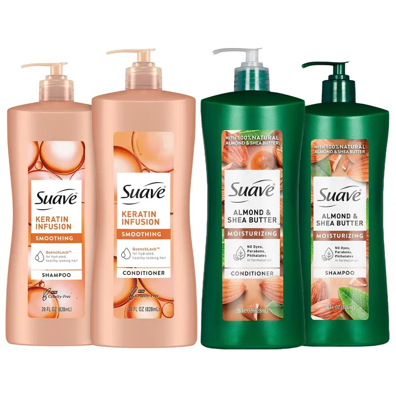 Ensemble Shampoing et Après-Shampoing Suave – Keratine Infusion + Amande & Beurre de Karité, Hydratation et Anti-Frisottis, 828 ml environ chacun – Lot 4 pièces