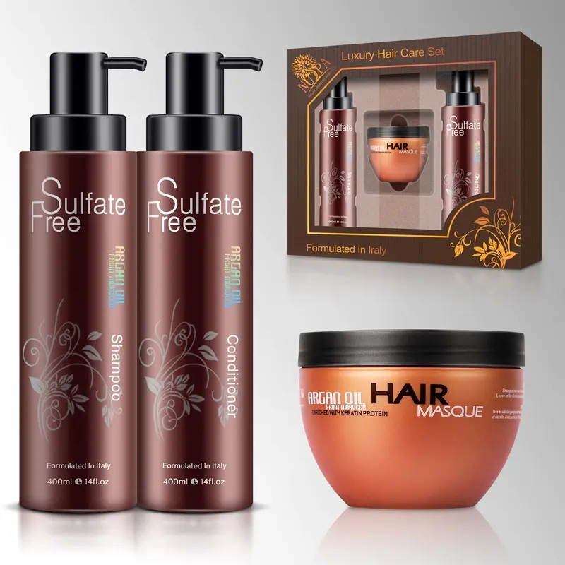 Ensemble Soin Cheveux Nuspa à l’Huile d’Argan Marocain – Sans Sulfates, Cheveux Abîmés, Secs et Frisés, Compatible Coloration, Brillance Durable