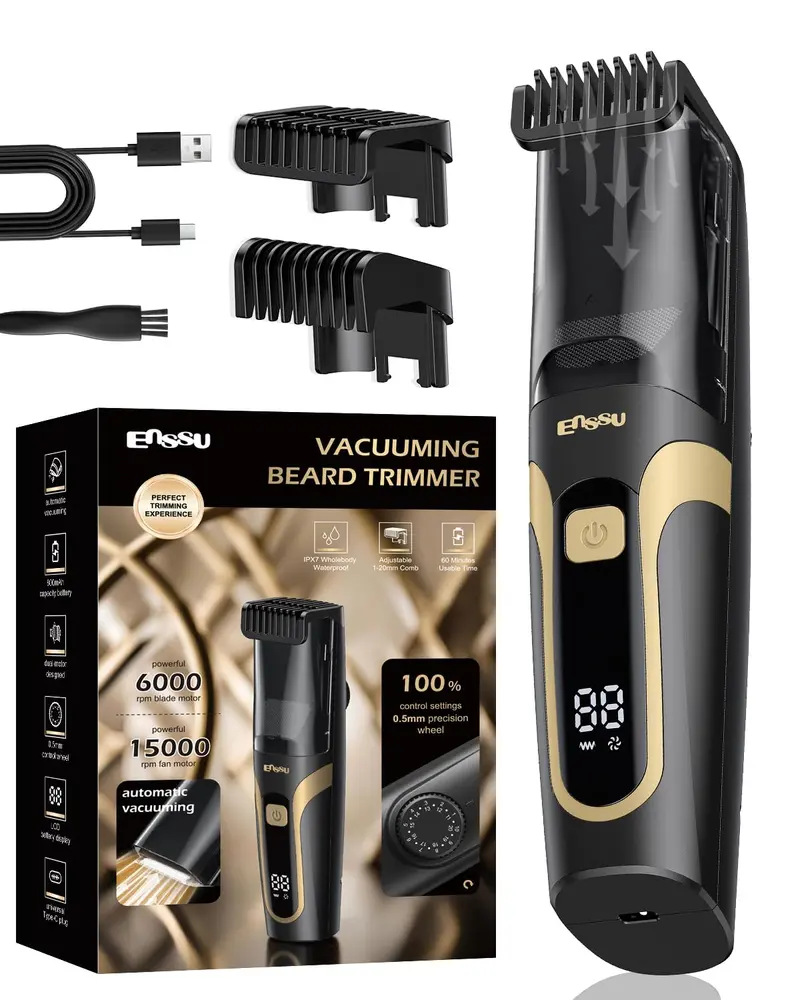 ENSSU Tondeuse Barbe à Aspiration – Longueurs 1-20 mm, Charge USB-C, Étanche IPX7