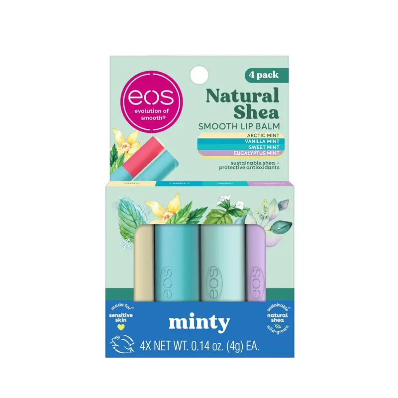 eos Baume Lèvres Naturel Shea Menthe – Pack de 4 (Menthe Artic, Menthe Vanille, Menthe Douce, Menthe Éucalyptus)