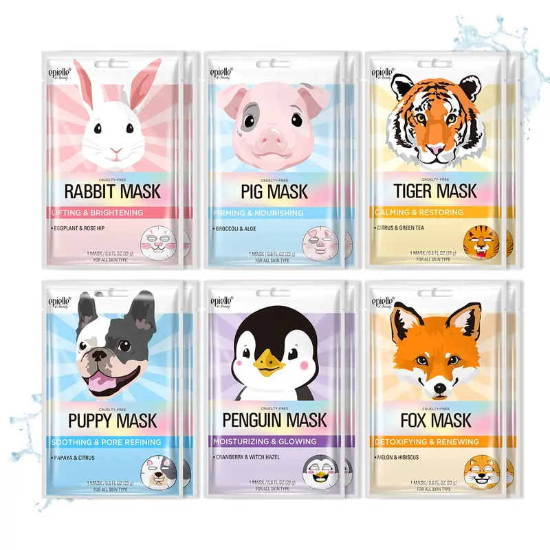 Epielle Masques Caractère Fuzzy Friends – Pack de 12, Soin Visage Coréen