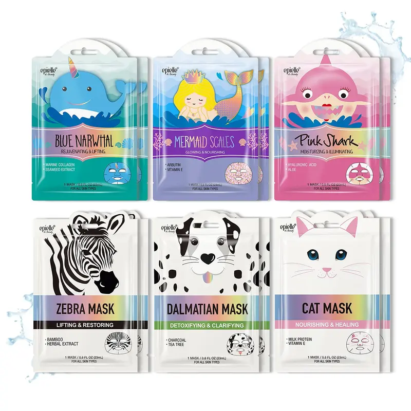 Epielle Masques Visage Animaux Wave & Wild – Ensemble de 12 masques, Soin K-Beauty à Domicile
