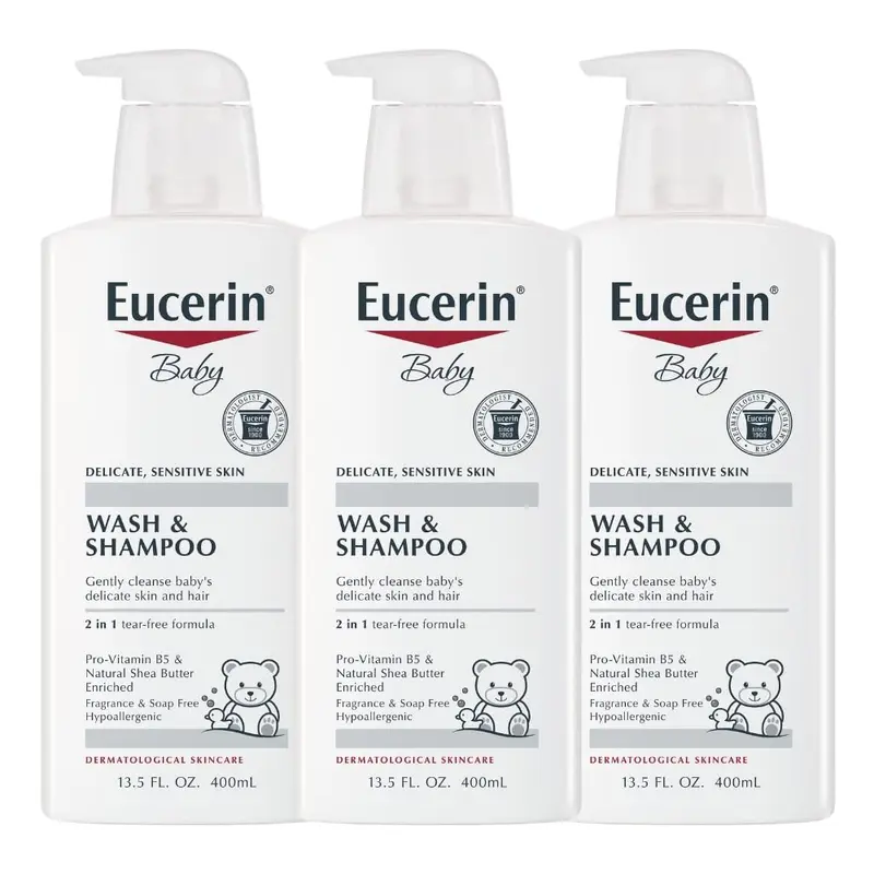 Eucerin Bébé Shampoing et Gel Douche Sans Parfum – Hypoallergénique, Sans Larmes, Pro‑Vitamine B5 et Beurre de Karité, Lot de 3 bouteilles 13,5 fl oz