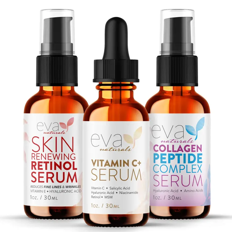 Eva Naturals Coffret Tri-Sérums Visage – Rétinol, Vitamine C & Peptides avec Acide Hyaluronique et Niacinamide – Anti-âge et Hydratation