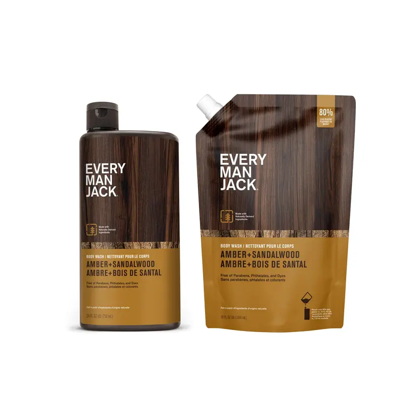 Every Man Jack Ambre et Bois de Santal – Gel Douche Homme Recharge Starter Poche 36 oz + Flacon 24 oz | Ingrédients Naturels, Sans Parabènes