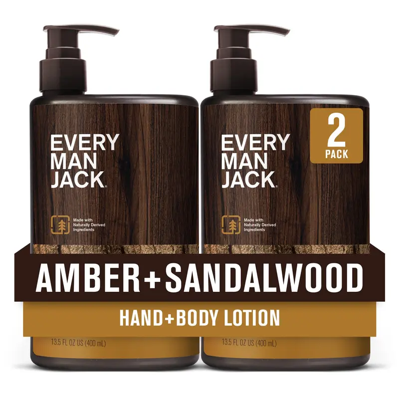 Every Man Jack Ambre et Santal | Lotion Mains et Corps pour Hommes | Testée Dermatologiquement & Hypoallergénique - Paquet 2×400 ml