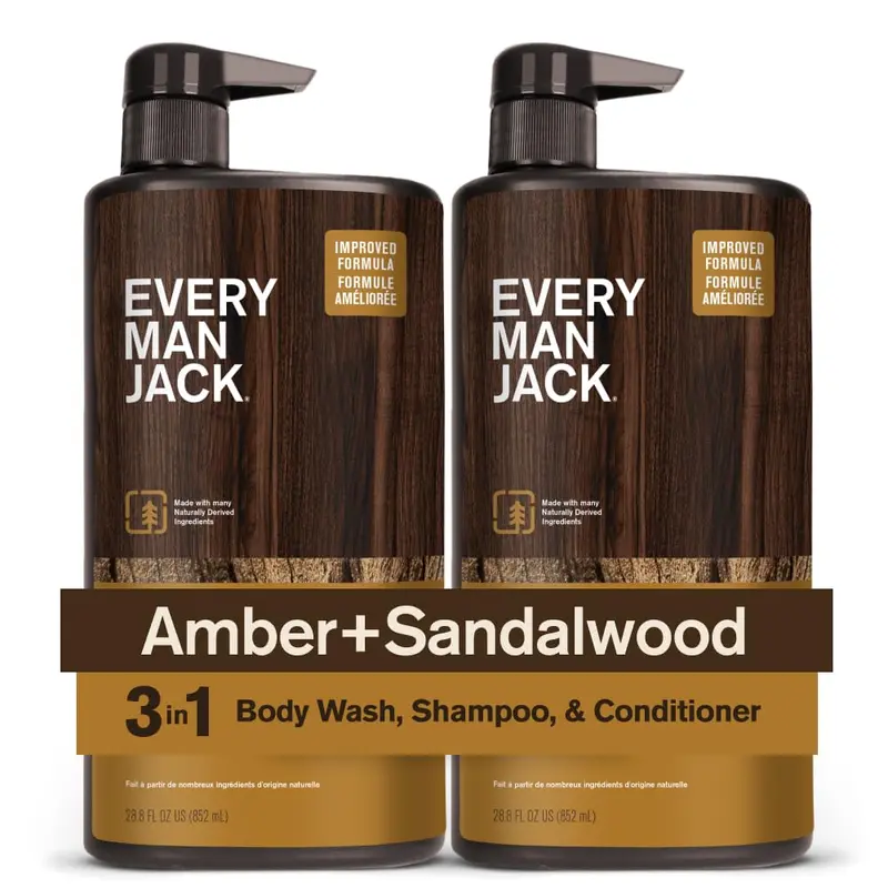 Every Man Jack Ambre + Santal – Gel 3-en-1 Hydratant pour Corps et Cheveux, Tous Types de Peau, 28,8 oz (2 paquets)