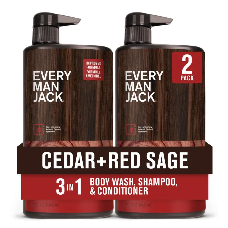 Every Man Jack Cedar + Red Sage Hydratant 3-en-1 – Gel douche, shampoing et après-shampoing pour tous types de peau et cheveux – Pack 2 x 28,8 oz