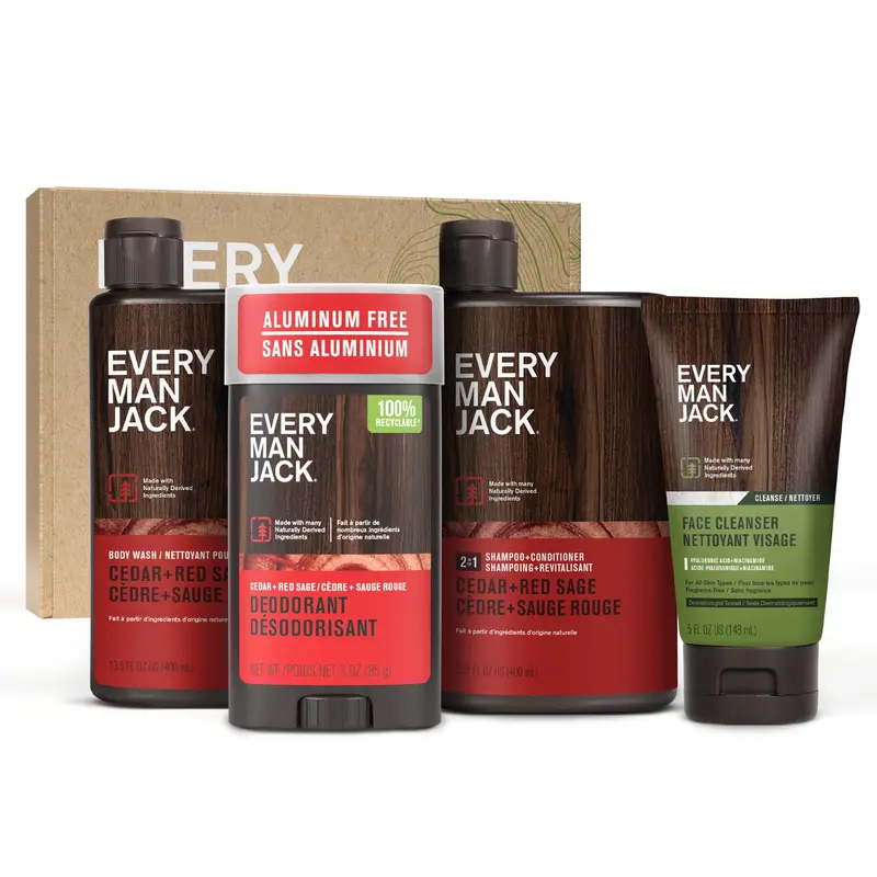 Every Man Jack Coffret Homme Cedar & Red Sage – Gel Douche Hydratant, Shampooing 2-en-1, Déodorant sans Aluminium & Nettoyant Visage