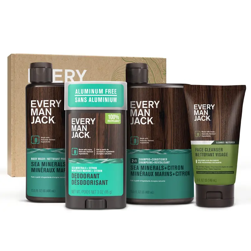 Every Man Jack Coffret Homme – Sea Minerals & Citron | Douche Hydratante, Shampoo 2-en-1, Déodorant Sans Aluminium et Nettoyant Visage