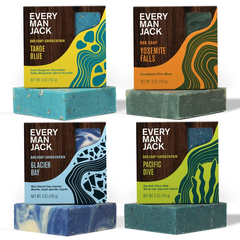 Every Man Jack Cold Plunge – Coffret 4 Savons Homme 5 oz – Senteurs Glacier Bay, Yosemite Falls, Pacific Dive, Tahoe Blue