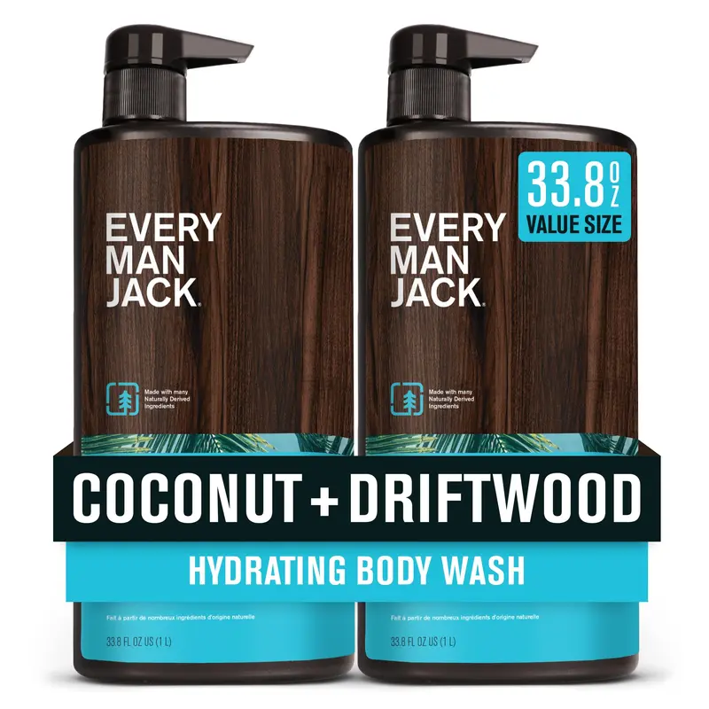 Every Man Jack Gel Douche Coco + Driftwood – Pour Tous Types de Peau – Sans Parabènes, Phtalates et Colorants – 2 x 1000 ml