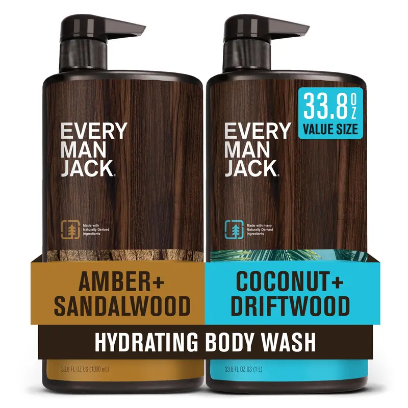 Every Man Jack Gel Douche Homme Coco, Bois Flotté et Ambre + Santal – 2 x 1000 ml, Sans Parabènes, Phtalates et Colorants