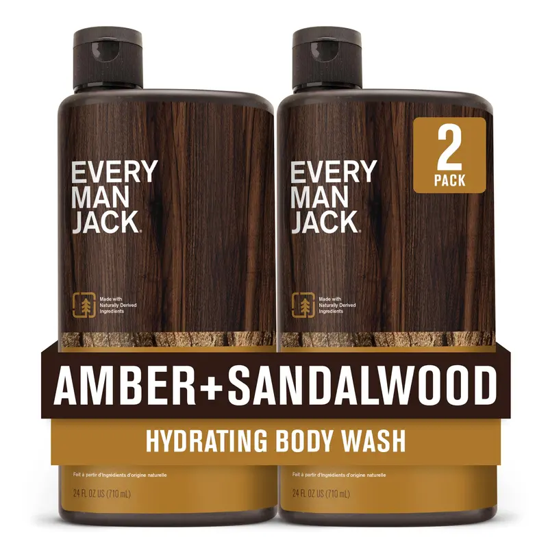 Every Man Jack Gel Douche Hydratant Ambre et Santal – Tous Types de Peau – Sans Parabènes, Sans Phtalates, Sans Colorant – Lot de 2 × 710 ml