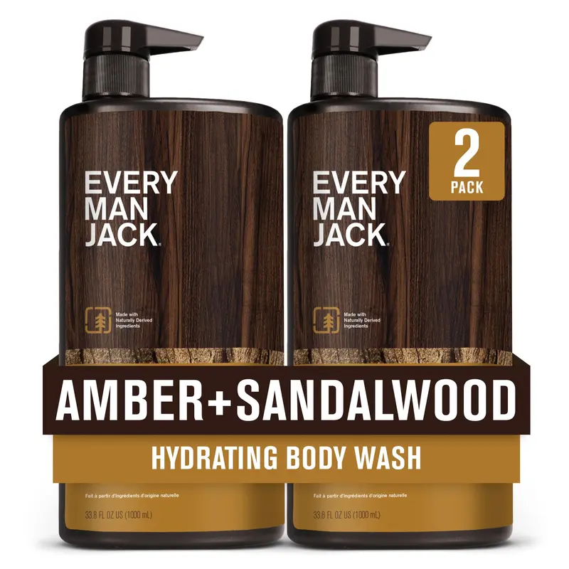 Every Man Jack Gel Douche Nourrissant Ambre et Bois de Santal – 2 Bouteilles de 1 L, Hydratation