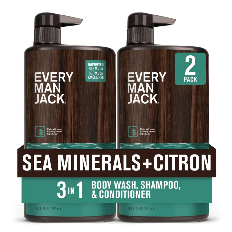 Every Man Jack Sea Minerals + Citron — Gel douche, shampoing et après-shampoing 3-en-1 hydratant – 28,8 onces (2 bouteilles)