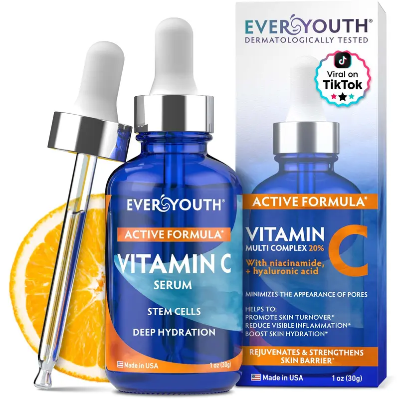 EVERYOUTH Sérum Vitamin C pour le visage – Cellules souches, Niacinamide, Hyaluronique & Vitamine E – Anti-âge, Éclat et Hydratation – Fabriqué aux États-Unis