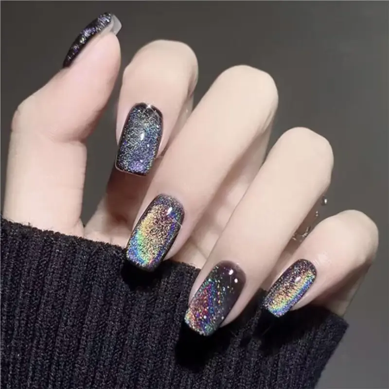 evpct Ongles autocollants noir chrome avec effet œil-de-chat – kit complet et réutilisables