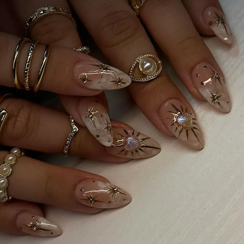 evpct – Ongles press-on 3D nude en amande moyenne Boho avec étoiles dorées – Kit réutilisable