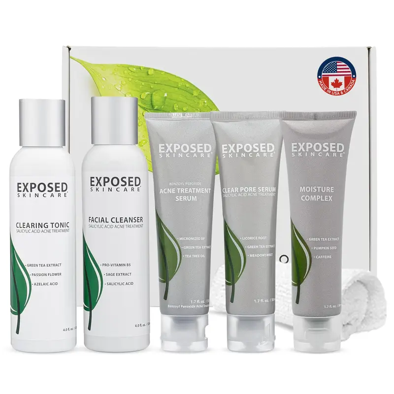 Exposed Skin Care – Kit étendu de traitement de l'acné avec 2,5% acide salicylique et 3,5% peroxyde de benzoyle – Naturel, sans cruauté