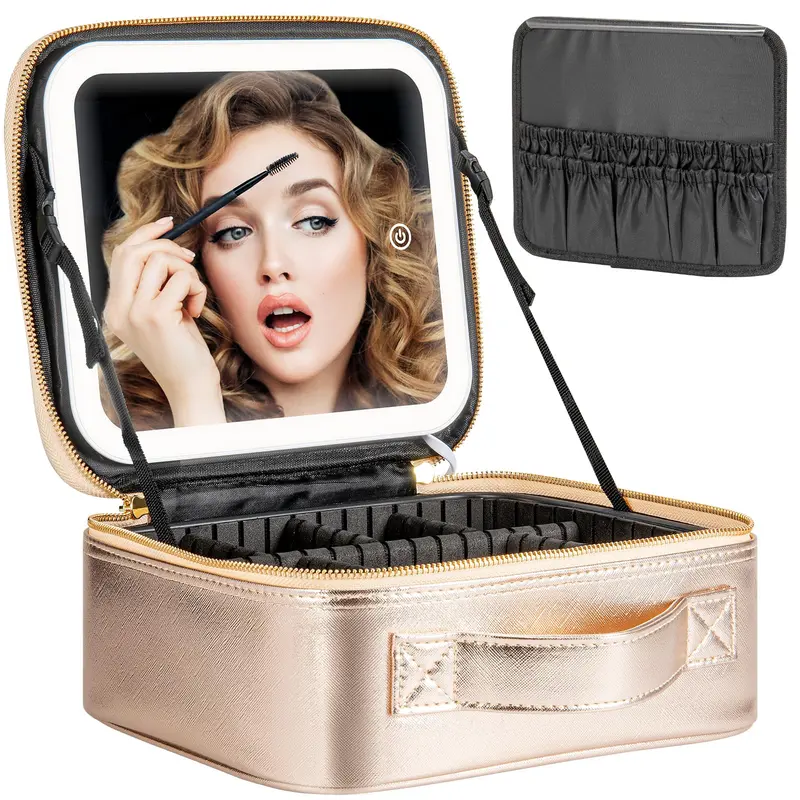 Extrei Gent Mallette maquillage de voyage avec miroir LED – Éclairage à 3 niveaux et compartiments ajustables