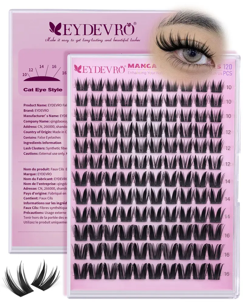 EYDEVRO Clusters Cils Lapin Manga – Effet Humide, 120 pcs, Longueurs 10–16 mm, Curl C pour application à domicile
