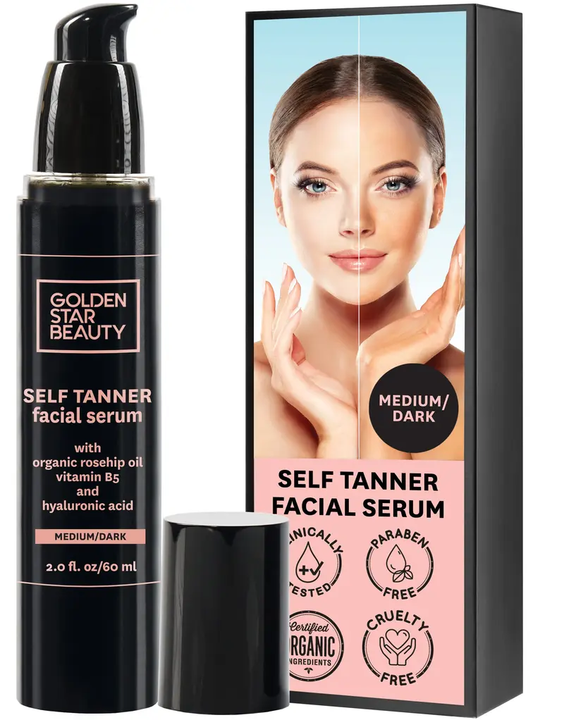 Face Tanner Visage – Sérum Auto-Bronzant avec Acide Hyaluronique et Huiles Biologiques | GOLDEN STAR BEAUTY, Teint Doré Naturel, 60 ml, Teinte Medium/Dark