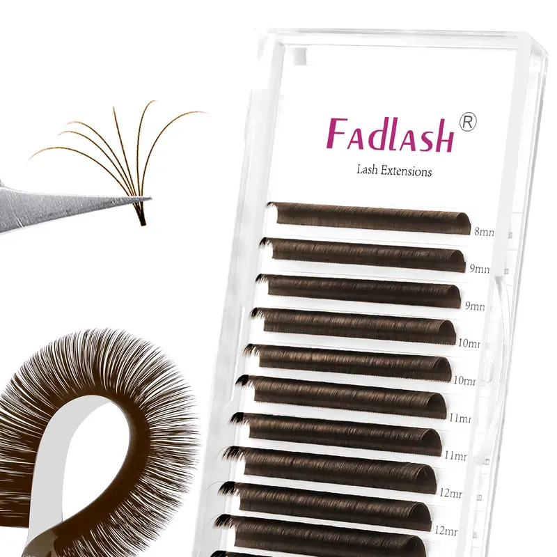 FADLASH Extensions Cils Colorés Brun Foncé – Volume en éventail Facile (2D à 10D), D Curl, 0,07, 8 à 14 mm