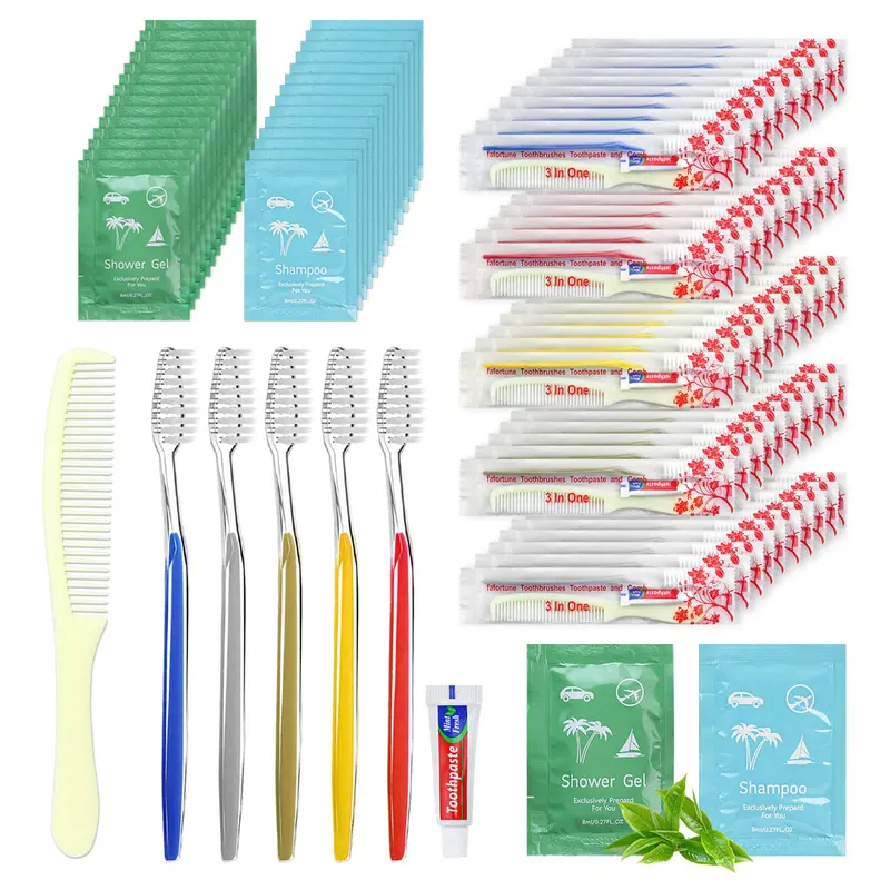 fafortune Kits d'hygiène en gros pour sans-abri — brosses dents jetables, dentifrice, peigne, shampoing et gel douche (40 pièces)