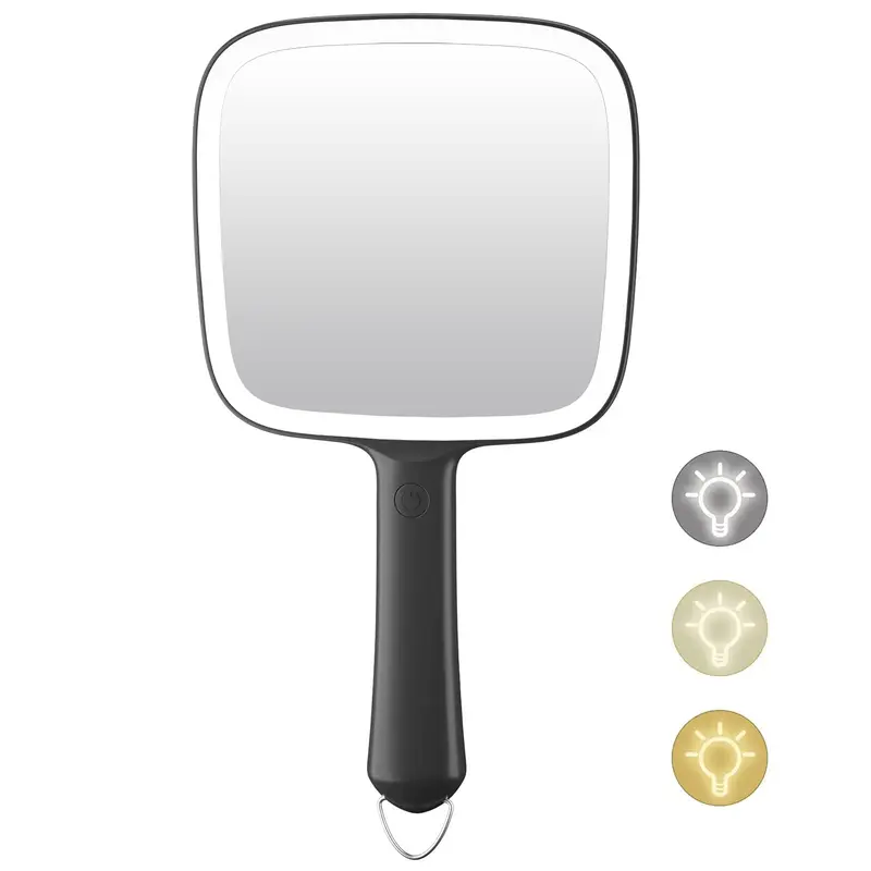 Famihomii Miroir à Main Lumineux – 3 Couleurs et Intensité Réglable, Léger et Portable