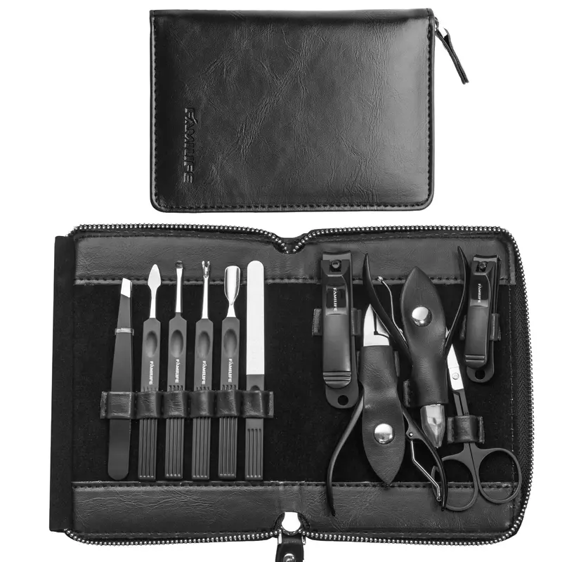 FAMILIFE Coffret Manucure Professionnel 11-en-1 en acier inoxydable avec Étui en Cuir – Luxe