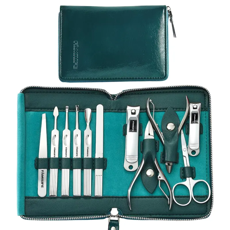 FAMILIFE Nail Kit 11 en 1 – Trousse Manucure Professionnelle en Acier Inoxydable avec Étui Bleu