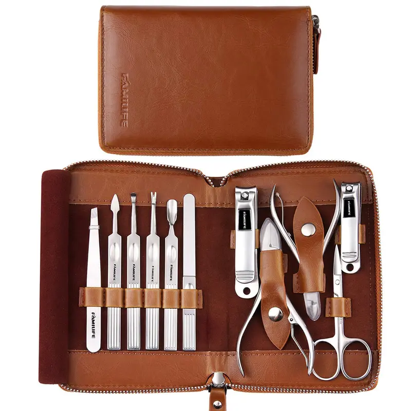 FAMILIFE Set Manucure 11 en 1 – Trousse acier inoxydable et étui cuir brun