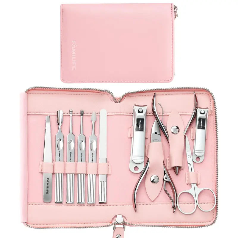 FAMILIFE Trousse Manucure Professionnelle – Kit 11 pièces avec Étui Rose